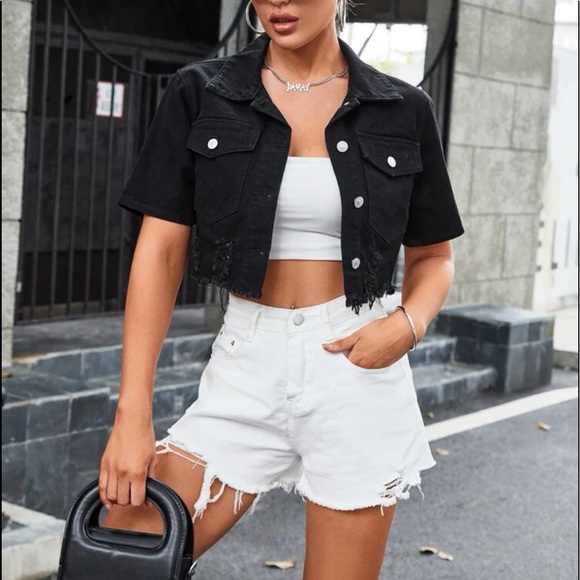 Boho Blue Medium Wash Distressed Ripped Denim Jeans Jacket Shacket - Picture 13 of 14